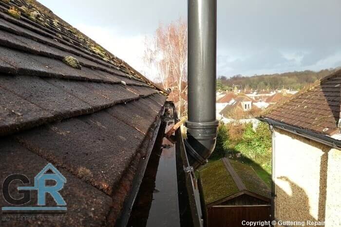 Blocked and clogged guttering on a semi detached house.